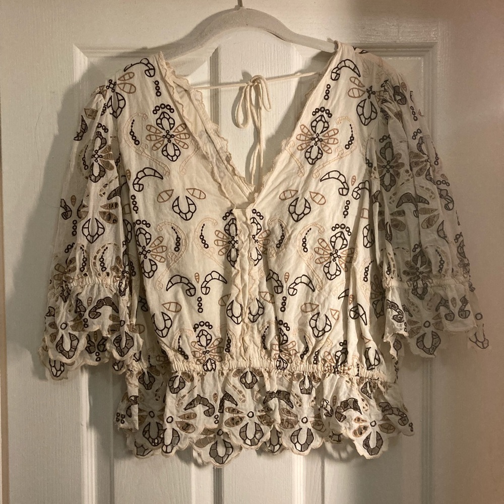 Anthropologie Puff Sleeve Embroidered Top
